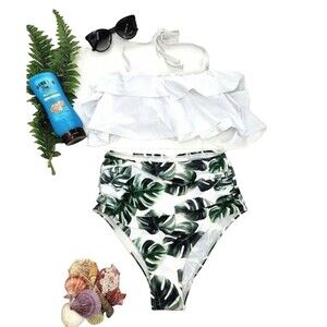 Two Piece Bikini Swimsuit High Waisted Green Leafy Bottoms White Ruffle Top - S